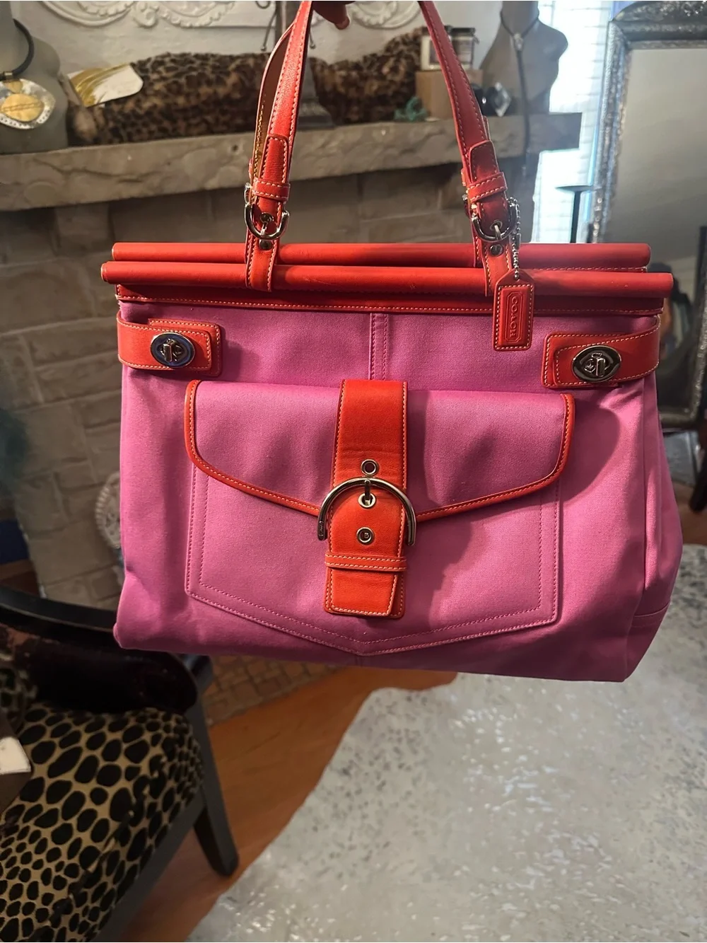Vintage Coach Pink and Orange Hampton turnlock Canvas Tote with Buckle Front